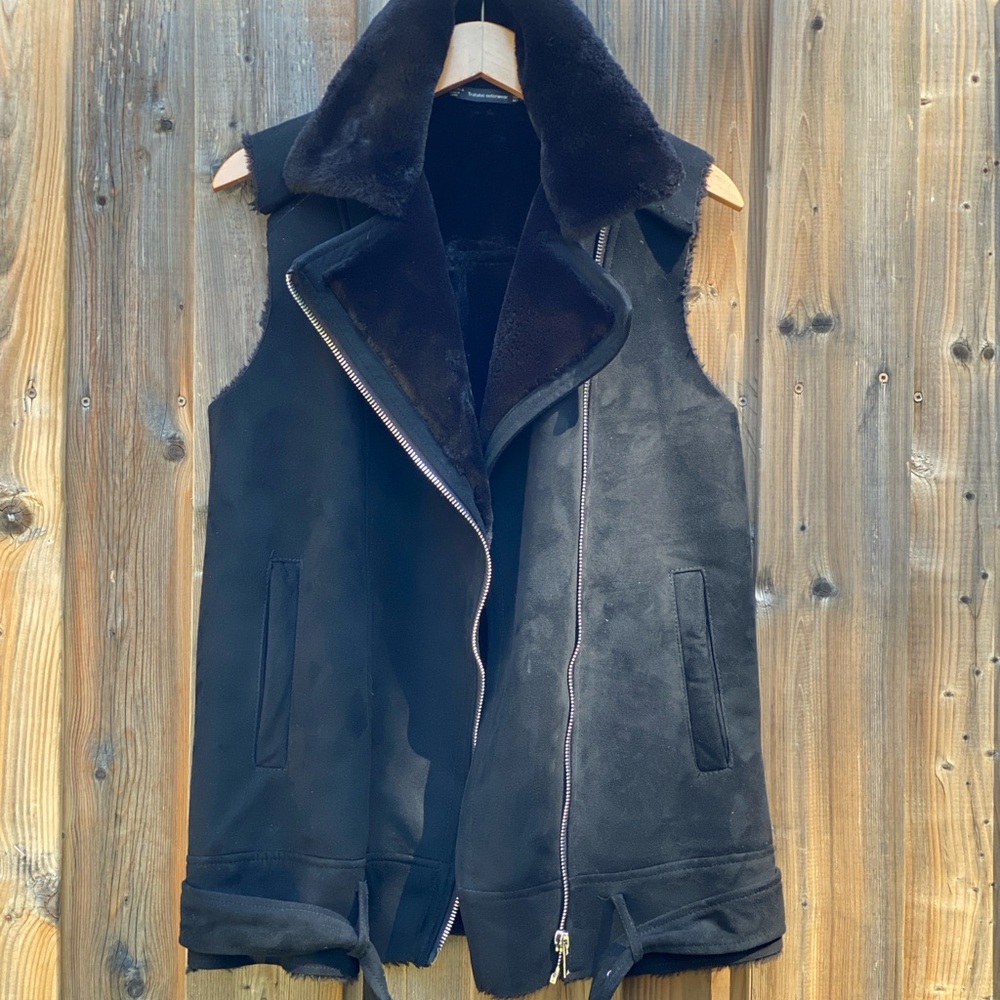 Zara Womens Motorcycle Faux Shearling Vest - XS - Black